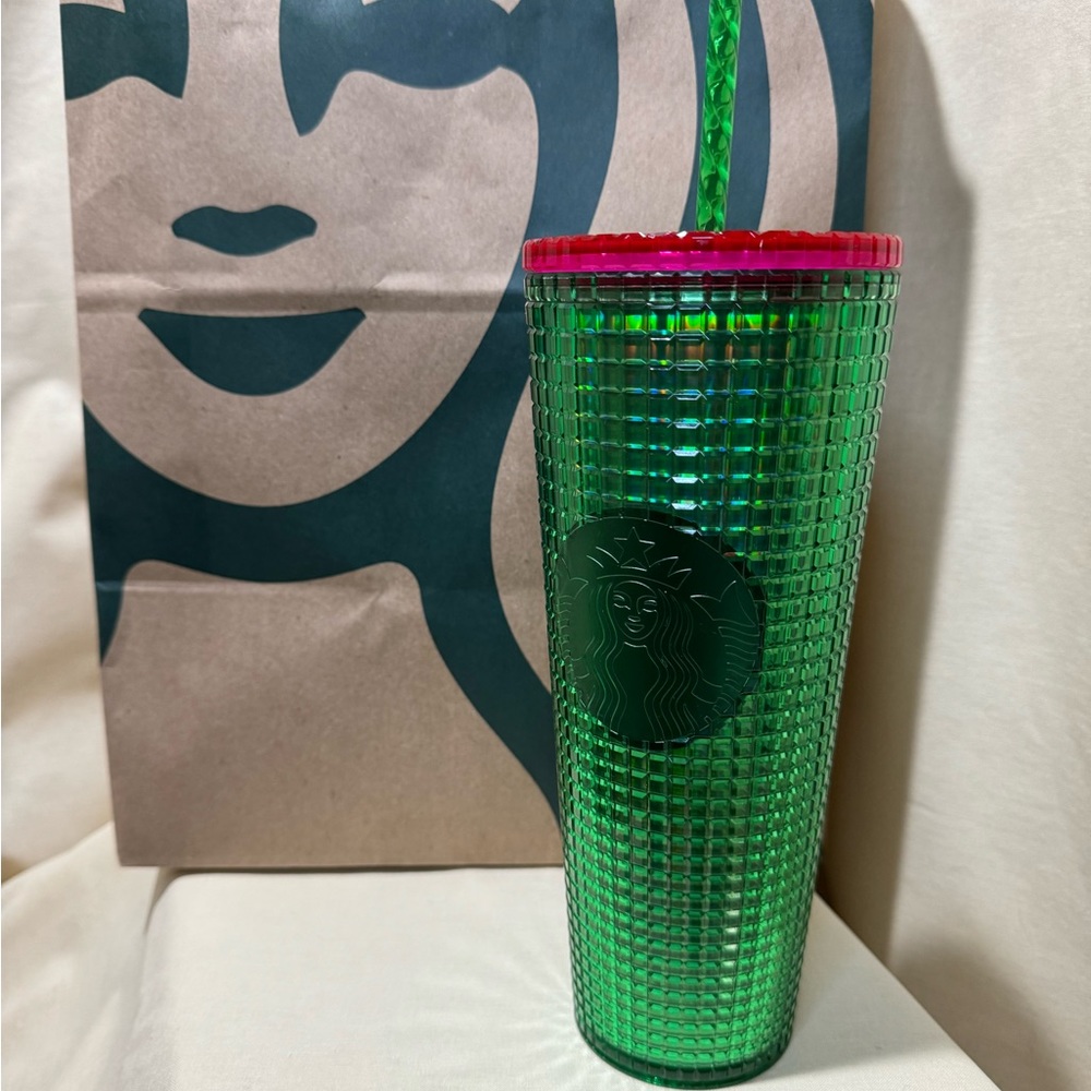 NWT Starbucks '23 Tumbler Iridescent Grid Green with Red/Pink Lid Venti